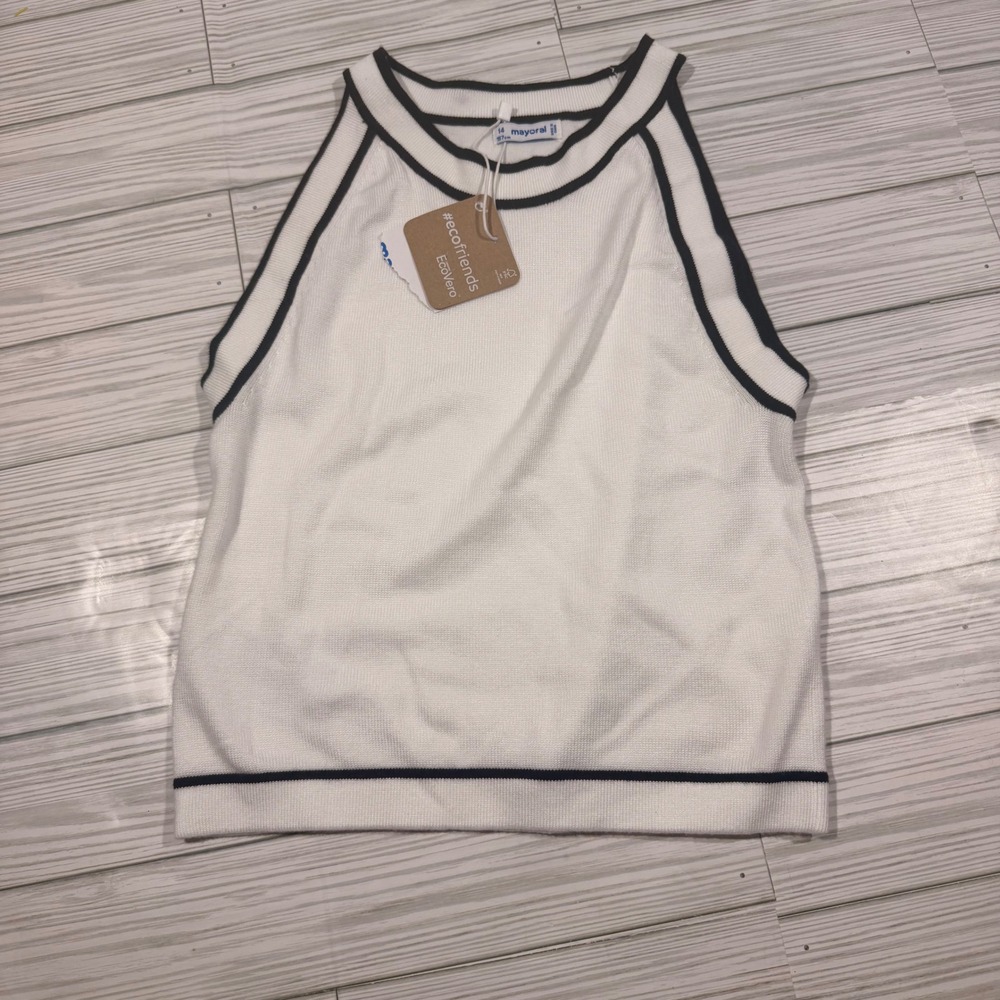 Mayoral Girls White Navy Knit Halter Top Viscose Sleeveless Size 14 157cm